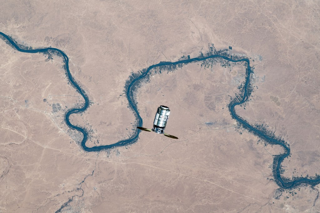 Northrop Grumman's Cygnus cargo craft is pictured from the International Space Station as it approaches while orbiting 260 miles above the Euphrates River in Iraq.