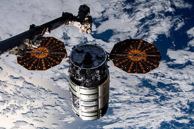 iss069e053962 (Aug. 4, 2023) --- Northrop Grumman's Cygnus cargo craft is pictured moments away from being captured by the Canadarm2 robotic arm controlled by NASA astronaut and Expedition 69 Flight Engineer Woody Hoburg from inside the International Space Station.