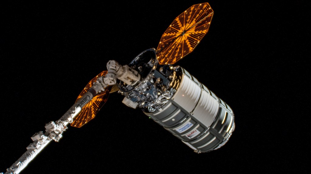 Northrop Grumman's Cygnus space freighter is positioned away from the International Space Station in the grips of the Canadarm2 robotic arm prior to its release ending a four-month stay attached to the orbiting lab's Unity module.