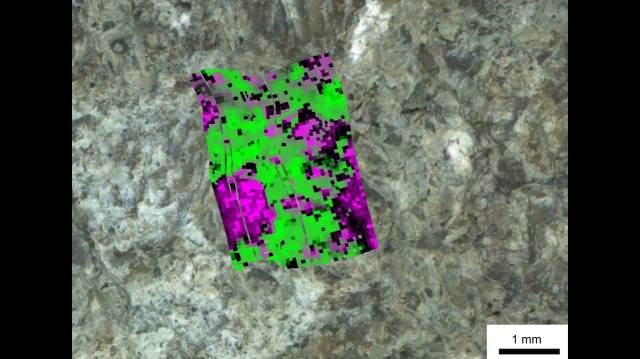 Analyzing this abraded rock patch dubbed “Bills Bay,” the PIXL instrument on NASA’s Perseverance Mars rover found it rich in carbonates (purple) and silica (green), both of which are good at preserving signs of ancient life. The image is overlaid with the instrument’s chemical data.