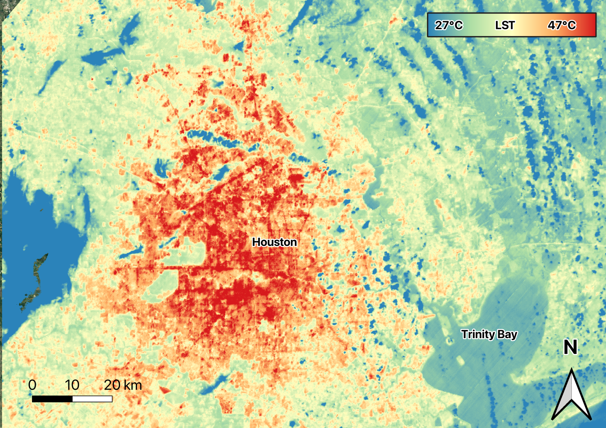 En el centro de la imagen, la ciudad de Houston es de color rojo oscuro. Una delgada franja de color naranja, que indica las áreas más frías, rodea las zonas rojas. Hay una amplia banda de color amarillo, luego una banda de color verde claro y algunas áreas azules a lo largo de los bordes de la imagen, lo cual corresponde a la temperatura más fría de la superficie terrestre.