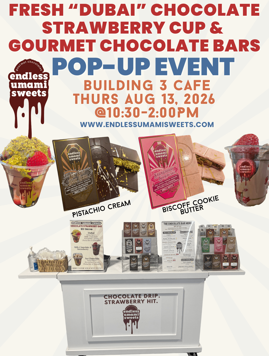 Flyer for Endless Umami Sweets, a pop up vendor at JSC B3 on August 13, 2026.