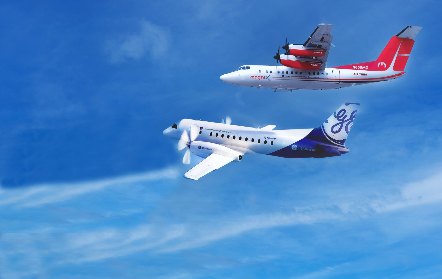 Artist illustration of the GE and magniX aircraft in flight in blue skies with white clouds.