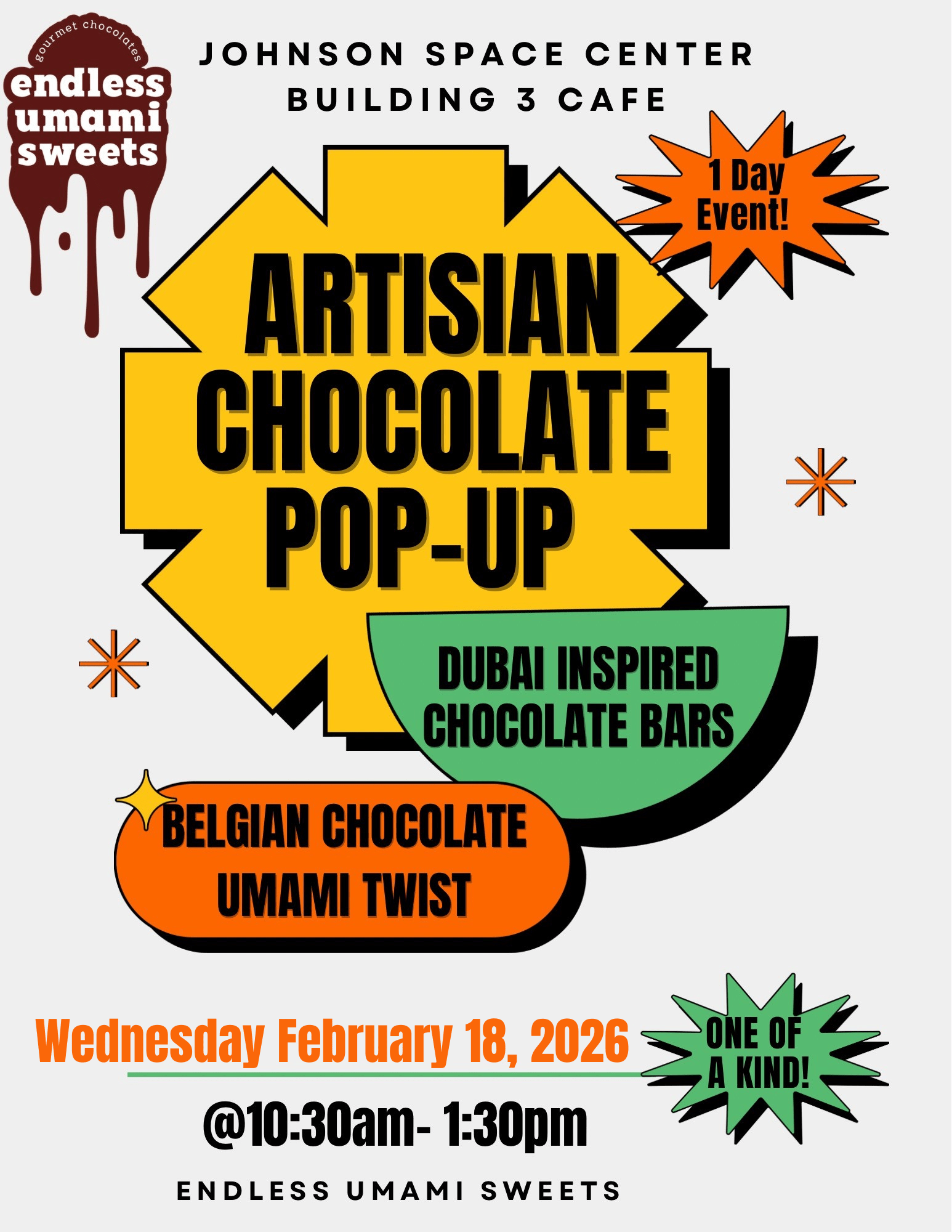 A decorative flyer for Endless Umami Sweets, a pop up vendor at JSC B3.