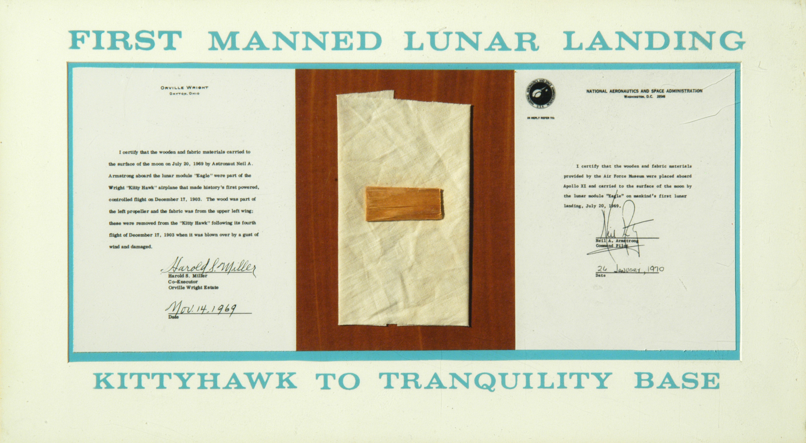 Display of the wood and fabric pieces of the Wright Flyer that Apollo 11 astronaut Neil A. Armstrong took to the Moon.