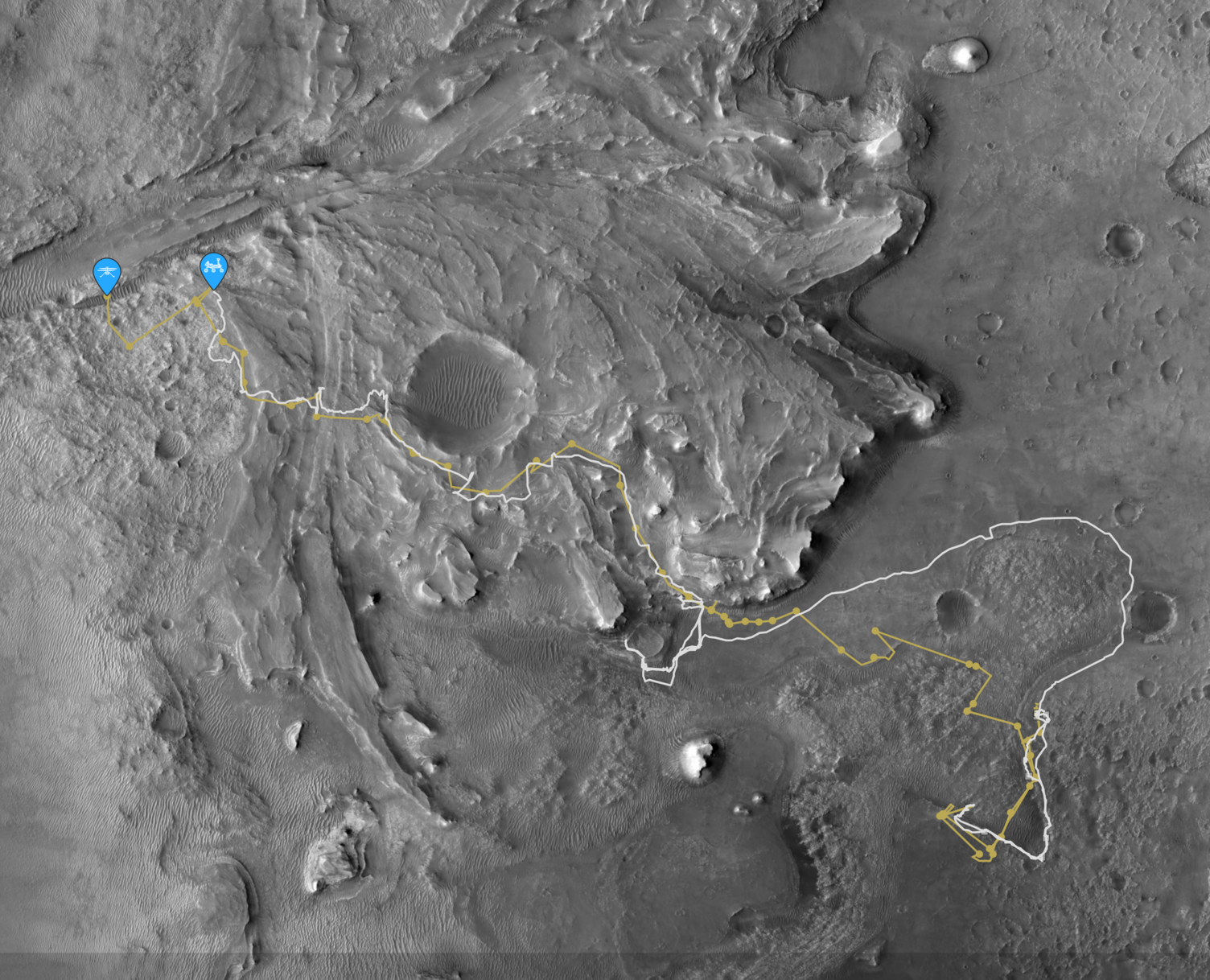 Routes of the Perseverance rover, white, and the Ingenuity helicopter, yellow, in Mars’ Jezero Crater