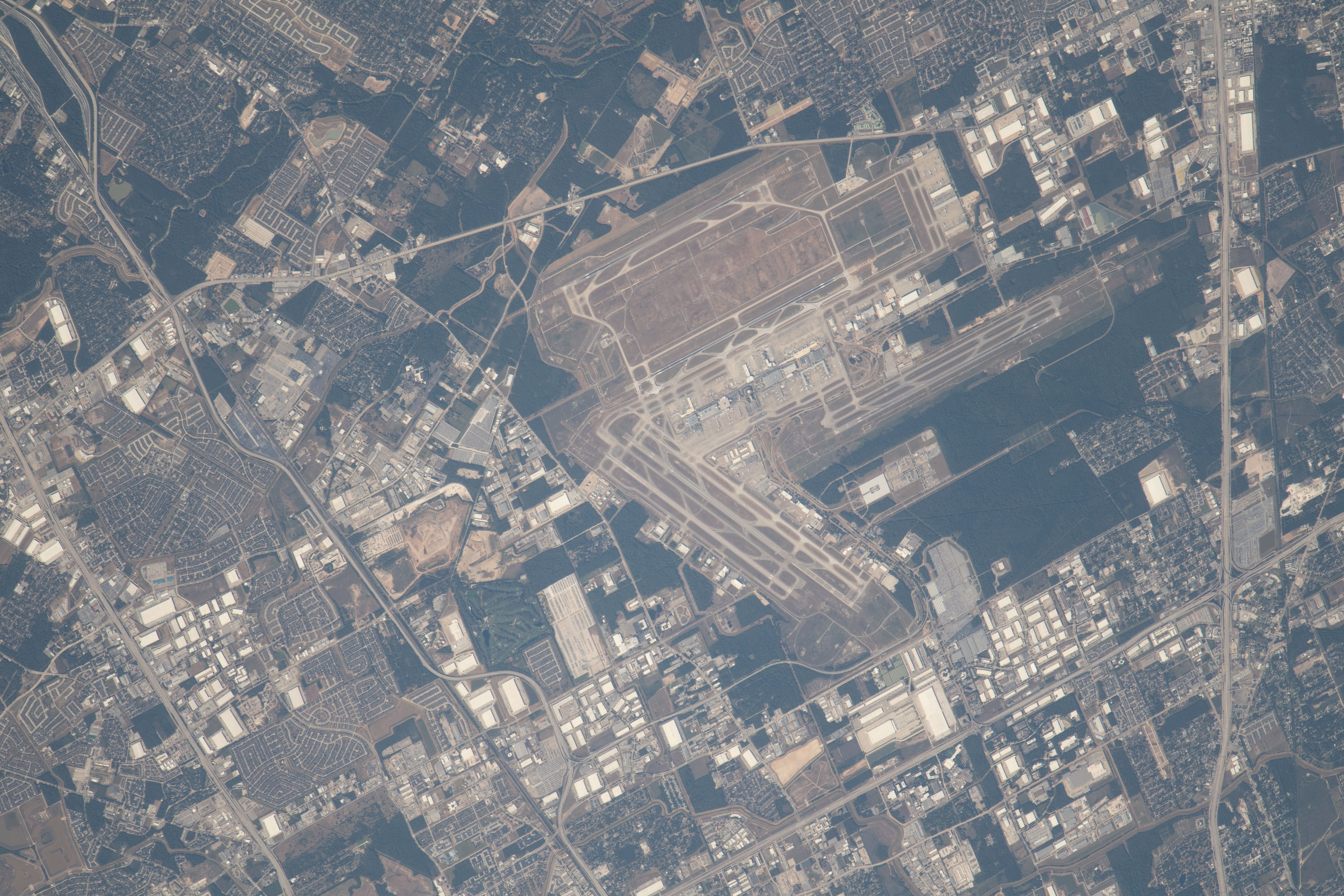 George Bush Intercontinental Airport in Houston, Texas, is pictured from the International Space Station as it orbited 263 miles above the Lone Star State.