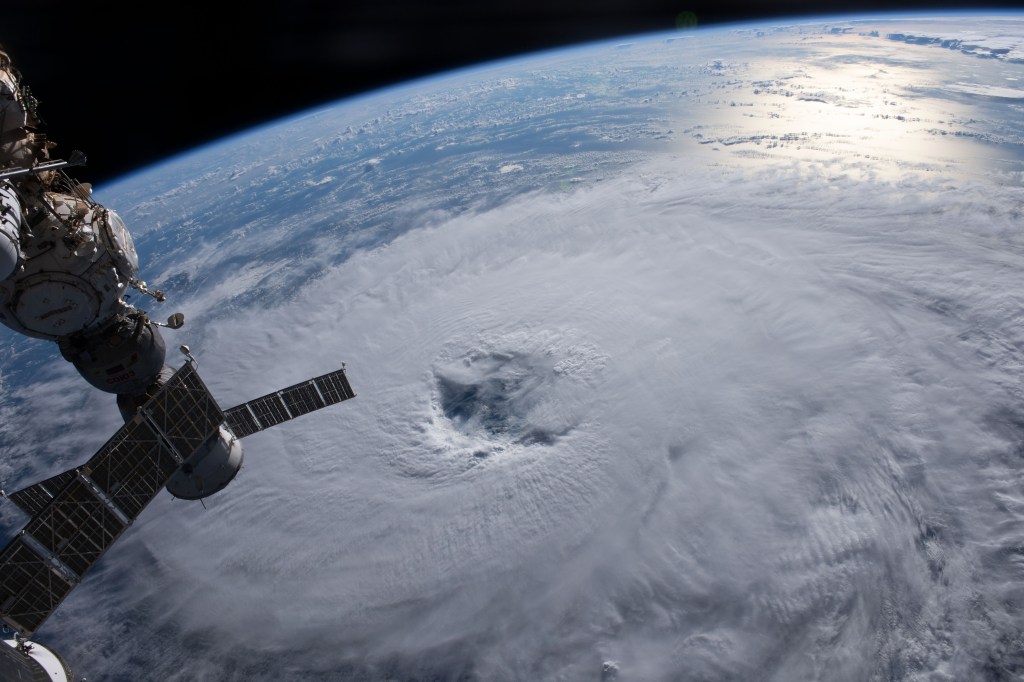 Category 1 Hurricane Nigel is pictured on a northeasterly track in the Atlantic Ocean as the International Space Station orbited 259 miles above. At left, is the Soyuz MS-23 crew ship docked to the Prichal docking module.