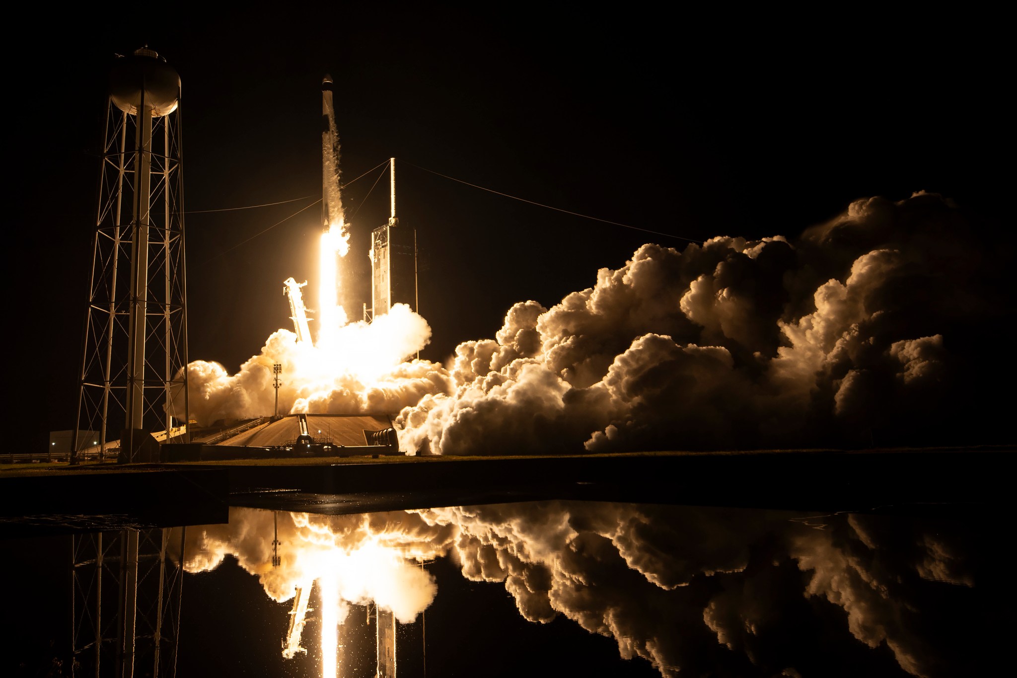 Image shows plume following a rocket launch at NASA's Kennedy Space Center in Florida.