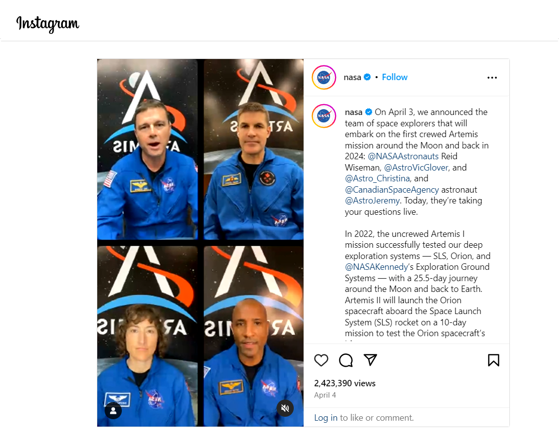 Instagram post of the Artemis II Crew