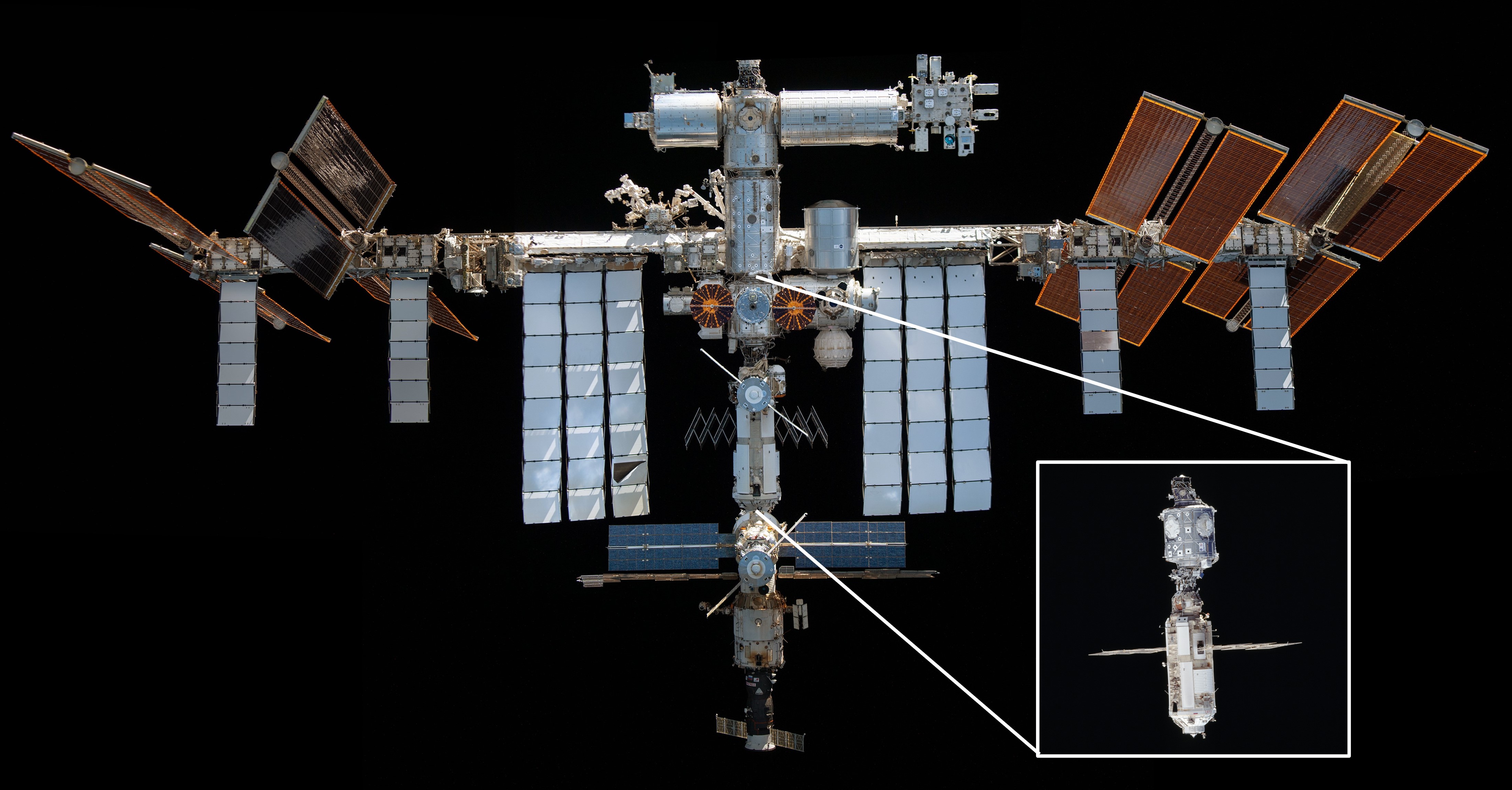 The International Space Station as it appeared in 2021, compared to Zarya and Unity at the same scale in the inset