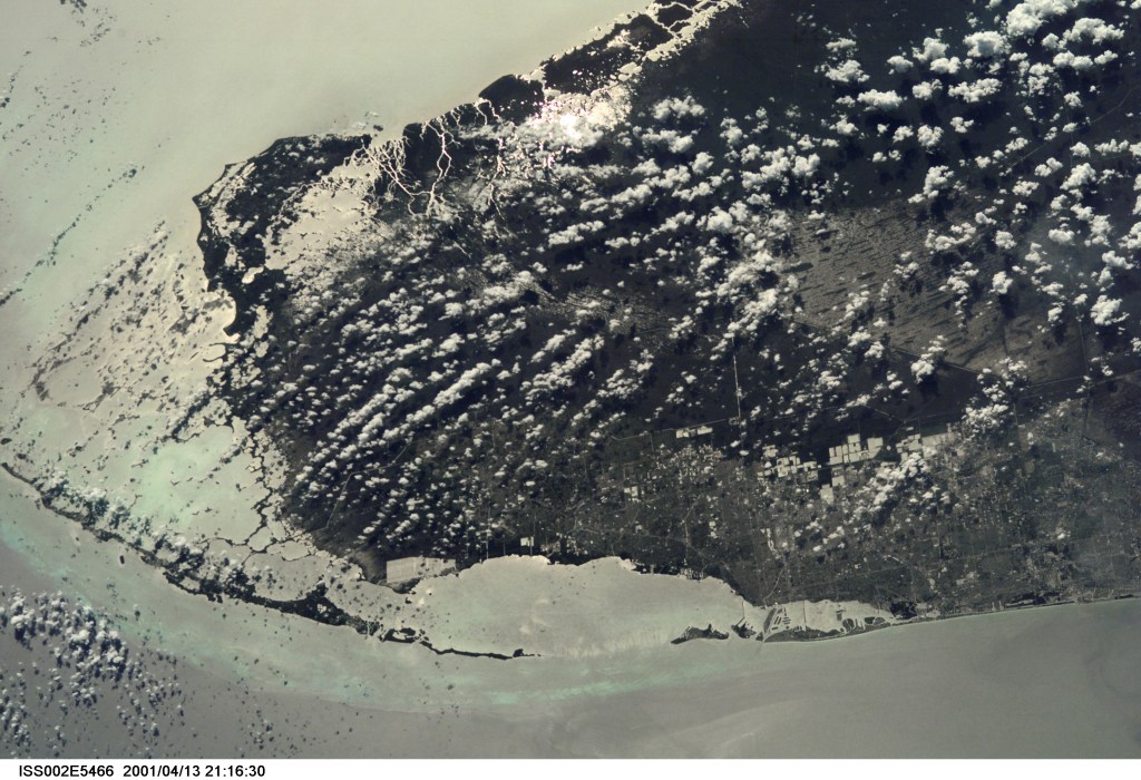 From the International Space Station (ISS), an Expedition Two crew member photographed southern Florida, including Dade County with Miami and Miami Beach; Everglades National Park; Big Cypress National Reserve; and the Florida Keys and many other recognizable areas. The crew member, using a digital still camera on this same pass, also recorded imagery of the Lake Okeechobee area, just north of the area represented in this frame.