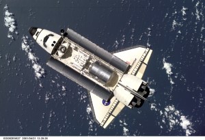 The Space Shuttle Endeavour, with six astronauts and a cosmonaut onboard, approaches the International Space Station (ISS) for an April 21 docking. The photo was taken with a digital still camera by one of the three Expedition Two crew members onboard the Station.
