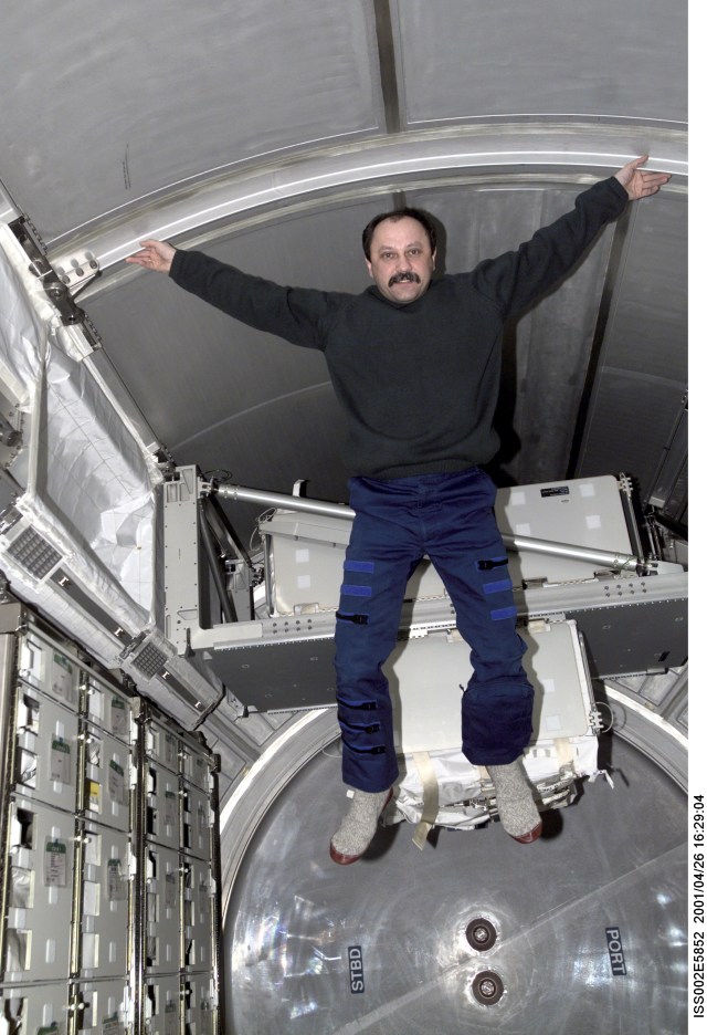 Yury V. Usachev of Rosaviakosmos, Expedtion Two mission commander, enjoys the extra space provided by the Multipurpose Logistics Module (MPLM) Raphaello which was mated to the International Space Station (ISS) during the STS-100 mission. The image was taken with a digital still camera.