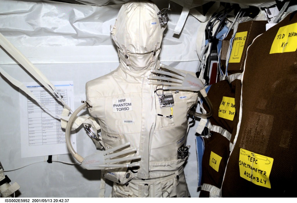 The Phantom Torso, seen here in the Destiny laboratory on the International Space Station (ISS), is designed to measure the effects of radiation on organs inside the body by using a torso that is similar to those used to train radiologists on Earth. The torso is equivalent in height and weight to an average adult male. It contains radiation detectors that will measure, in real-time, how much radiation the brain, thyroid, stomach, colon, and heart and lung area receive on a daily basis. The data will be used to determine how the body reacts to and shields its internal organs from radiation, which will be important for longer duration space flights. The experiment was delivered to the orbiting outpost during by the STS-100/6A crew in April 2001. Dr. Gautam Badhwar, NASA JSC, Houston, TX, is the principal investigator for this experiment. A digital still camera was used to record this image.