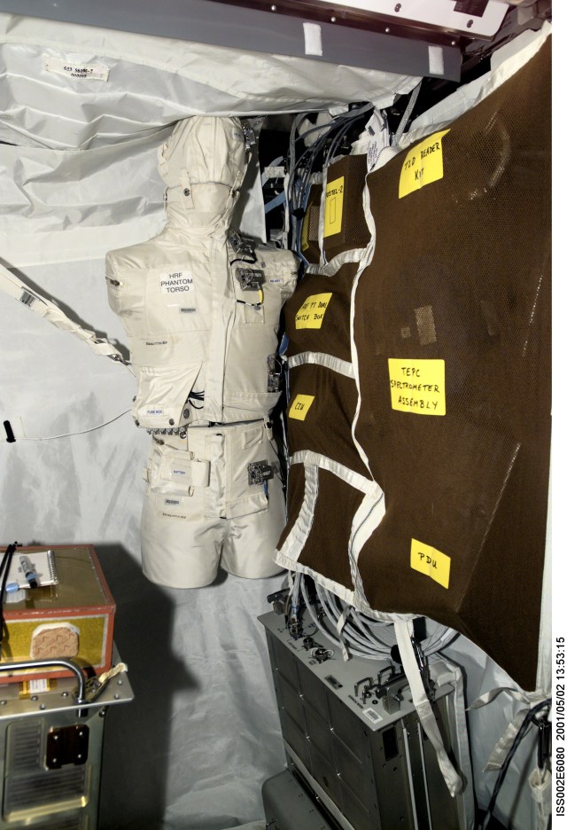 The Phantom Torso, seen here in the Human Research Facility (HRF) section of the Destiny/U.S. laboratory on the International Space Station (ISS), is designed to measure the effects of radiation on organs inside the body by using a torso that is similar to those used to train radiologists on Earth. The torso is equivalent in height and weight to an average adult male. It contains radiation detectors that will measure, in real-time, how much radiation the brain, thyroid, stomach, colon, and heart and lung area receive on a daily basis. The data will be used to determine how the body reacts to and shields its internal organs from radiation, which will be important for longer duration space flights. The experiment was delivered to the orbiting outpost during by the STS-100/6A crew in April 2001. Dr. Gautam Badhwar, NASA JSC, Houston, TX, is the principal investigator for this experiment. A digital still camera was used to record this image.