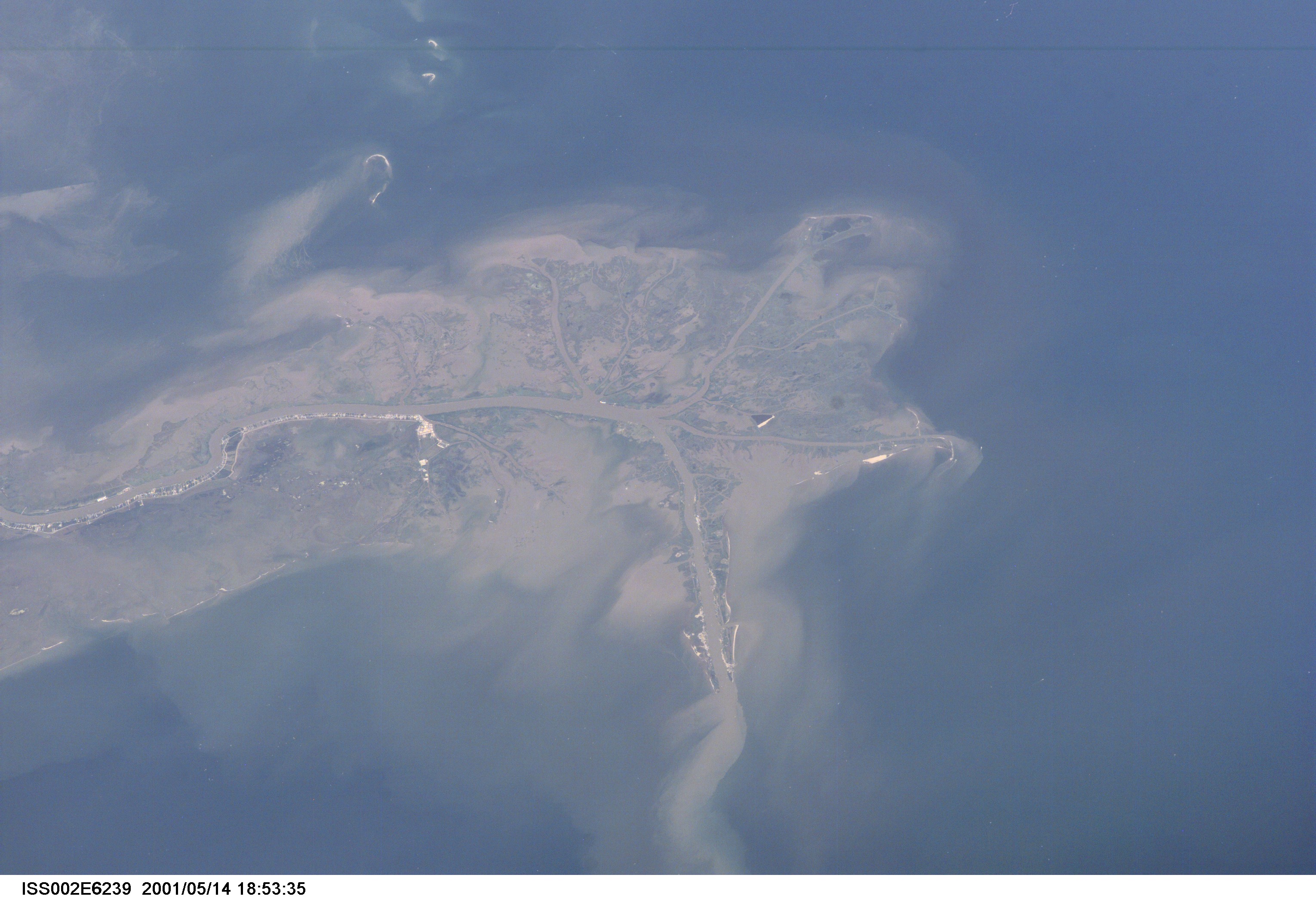 This digital still camera's image, recorded by one of the Expedition Two crew members aboard the International Space Station, features the mouth of the Mississippi River. The distribution of riverborne sediments is clearly evident in the Gulf of Mexico. This delta area is often referred to as the "crow's foot."