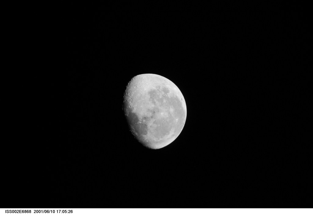View of a gibbous Moon photographed by one of the crew members aboard the International Space Station (ISS) for Expedition Two. The image was recorded with a digital still camera.