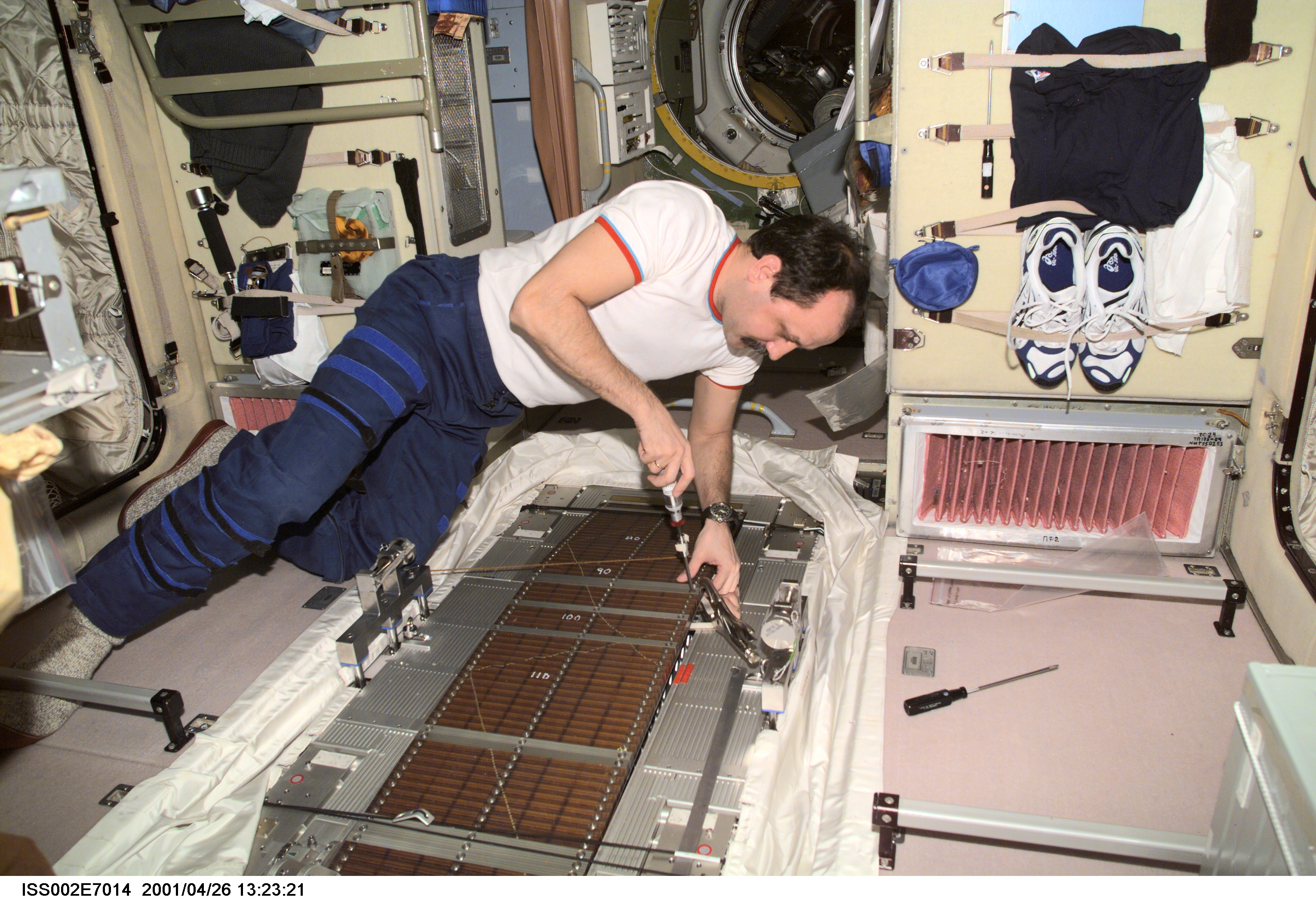 Cosmonaut Yury V. Usachev, Expedition Two commander representing Rosaviakosmos, conducts maintenance on the Treadmill Vibration Isolation System (TVIS) in the Zvezda/Service Module. A digital still camera was used to record this image.
