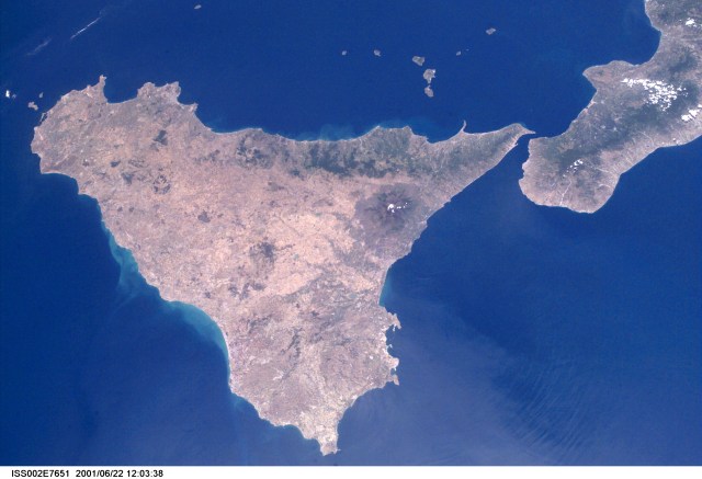 Sicily and the "toe" of Italy are featured in this Expedition Two digital still camera's nearly-vertical view from the International Space Station (ISS).