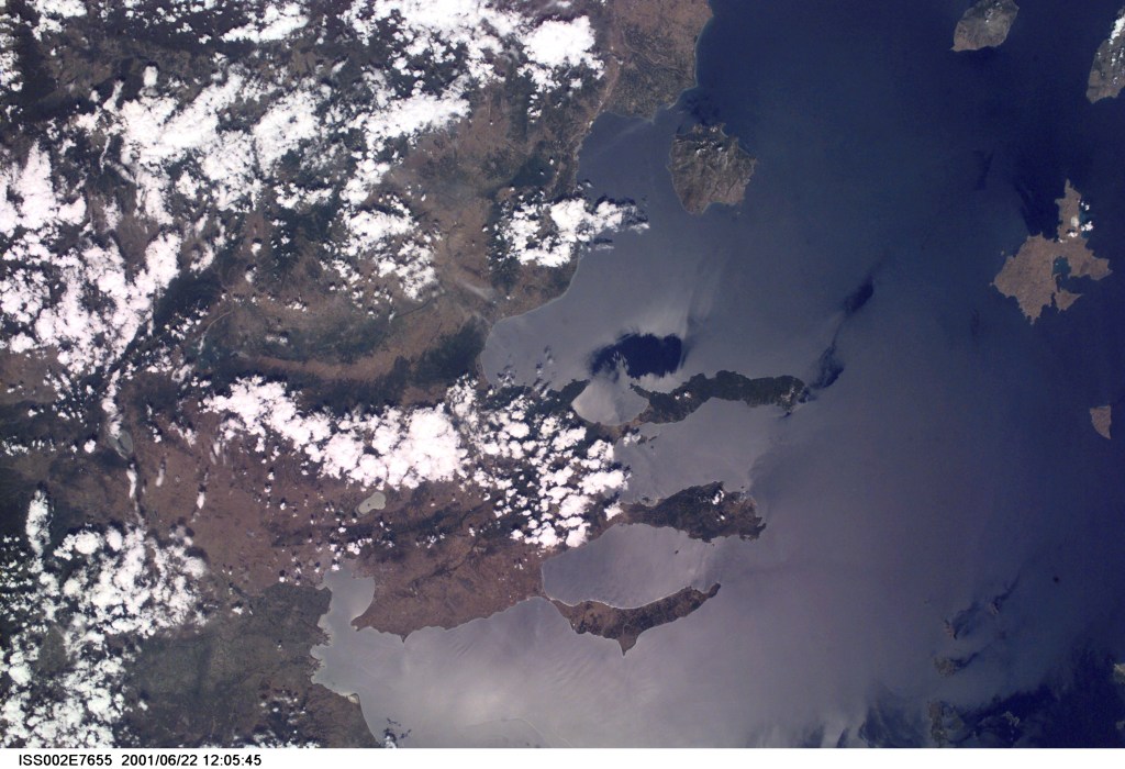 A view of Chalcidice (Khalkidhiki) Peninsula in Northeast Greece was photographed with a digital still camera aboard the International Space Station (ISS).