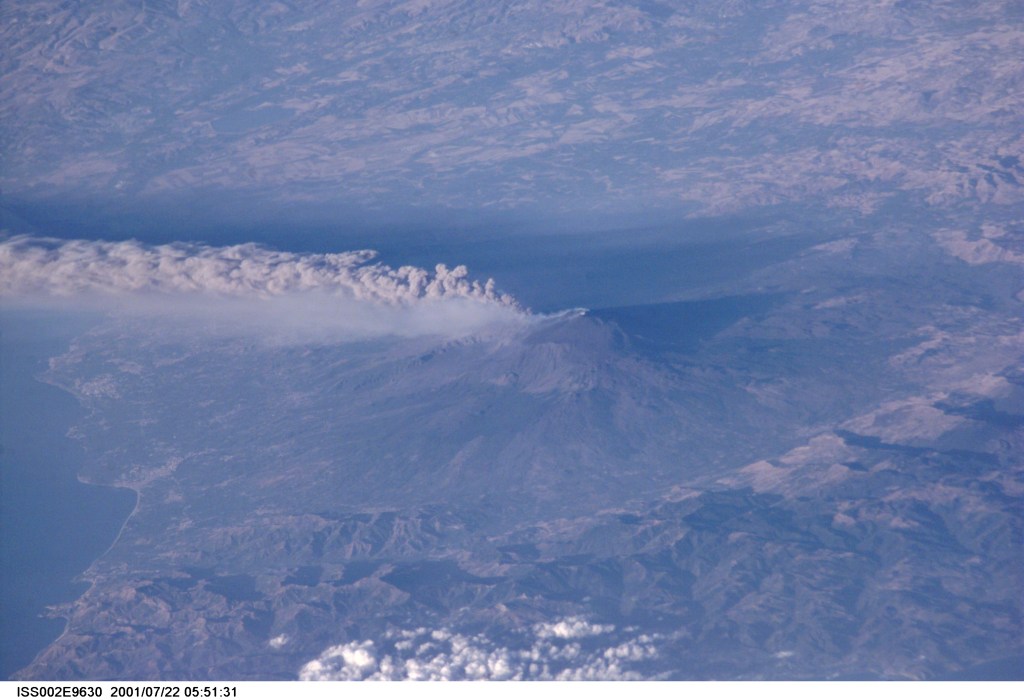 The active volcano Mt. Etna on the island of Sicily was recorded by an Expedition Two crew member with a digital still camera.