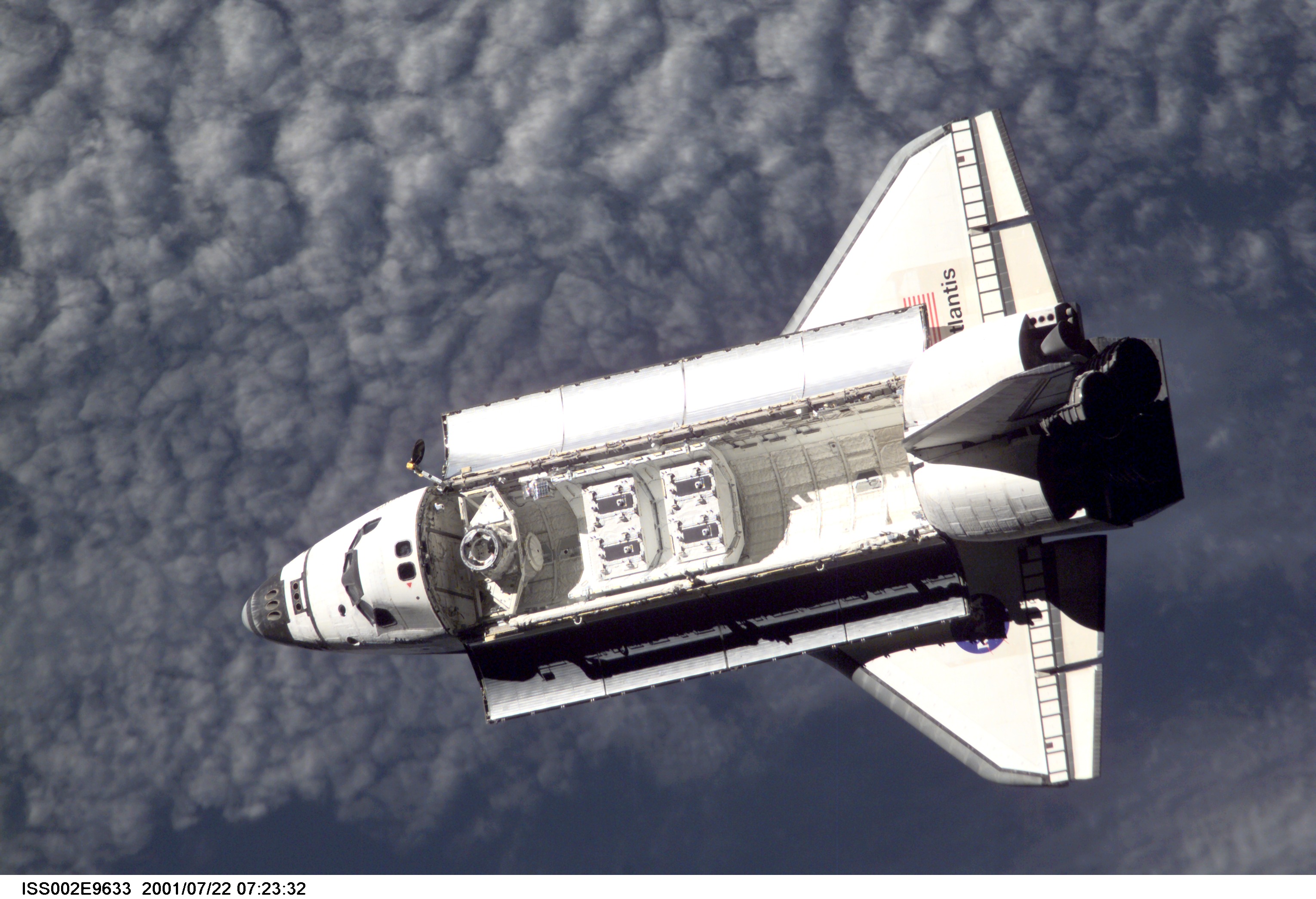 View of the Space Shuttle Atlantis after it undocked from the International Space Station (ISS) during the STS-104 mission. The STS-104 crew delivered the Quest Airlock to the ISS during the twelve day mission. This image was recorded by an Expedition Two crew member with a digital still camera.