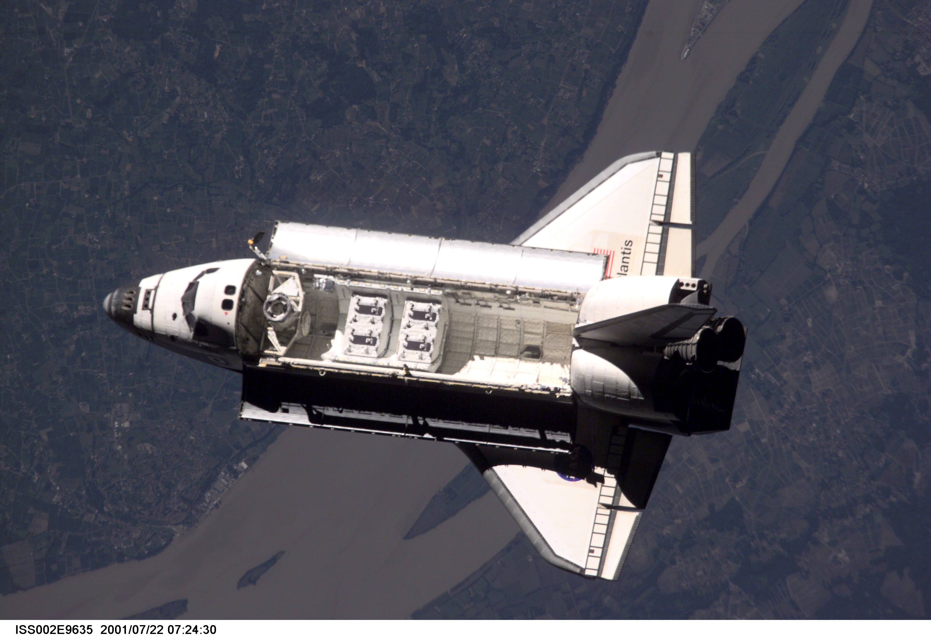 View of the Space Shuttle Atlantis after it undocked from the International Space Station (ISS) during the STS-104 mission. The STS-104 crew delivered the Quest Airlock to the ISS during the twelve day mission. This image was recorded by an Expedition Two crew member with a digital still camera.