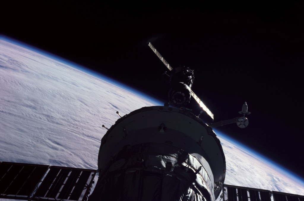 A Soyuz spacecraft approaches the International Space Station (ISS) carrying the Soyuz Taxi crew, Commander Victor Afanasyev, Flight Engineer Konstantin Kozeev and French Flight Engineer Claudie Haignere for an eight-day stay on the station. Afanasyev and Kozeev represent Rosaviakosmos, and Haignere represents ESA, carrying out a flight program for CNES, the French Space Agency, under a commercial contract with the Rosaviakosmos.