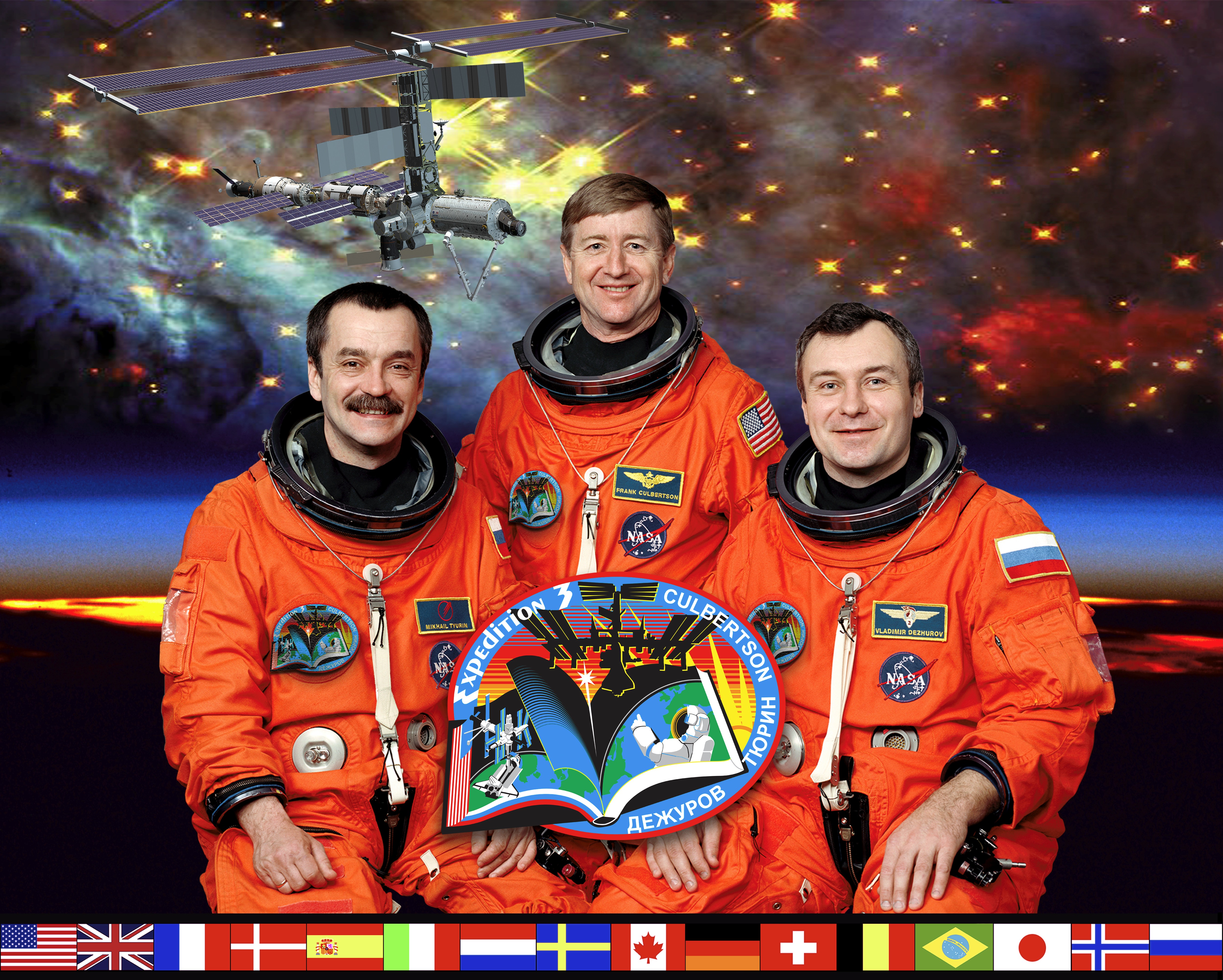 Taking a break from a busy training schedule to pose for a portrait are the crew members for Expedition Three, scheduled to replace the current cosmonaut/astronaut trio aboard the International Space Station (ISS). Astronaut Frank L. Culbertson, Jr. (center), commander, is flanked by cosmonauts Mikhail Tyurin (left) and Vladimir Dezhurov, both flight engineers representing Rosaviakosmos. The three will accompany the STS-105 crew into Earth orbit aboard the Space Shuttle Discovery this summer to begin their lengthy stay on the orbital outpost.