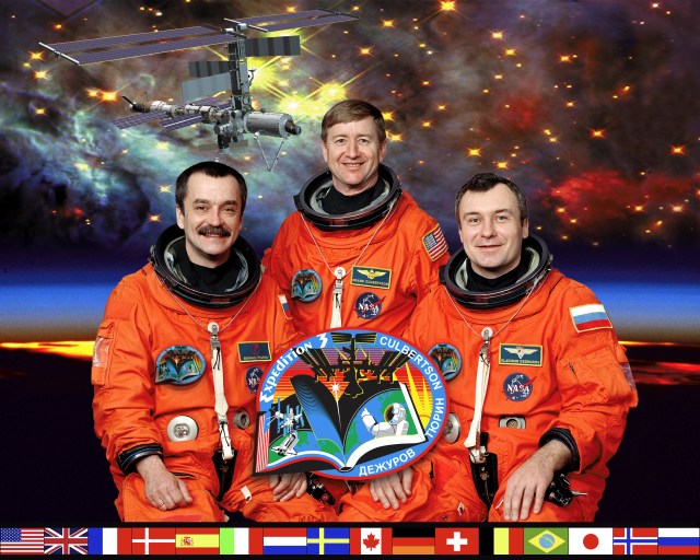 Taking a break from a busy training schedule to pose for a portrait are the crew members for Expedition Three, scheduled to replace the current cosmonaut/astronaut trio aboard the International Space Station (ISS). Astronaut Frank L. Culbertson, Jr. (center), commander, is flanked by cosmonauts Mikhail Tyurin (left) and Vladimir Dezhurov, both flight engineers representing Rosaviakosmos. The three will accompany the STS-105 crew into Earth orbit aboard the Space Shuttle Discovery this summer to begin their lengthy stay on the orbital outpost.