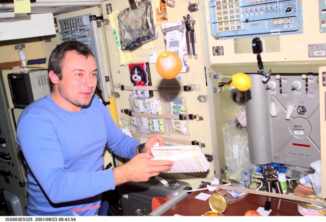 Cosmonaut Vladimir N. Dezhurov, flight engineer representing Rosaviakosmos, prepares a meal in the Zvezda Service Module on the International Space Station (ISS). This image was taken with a digital still camera.