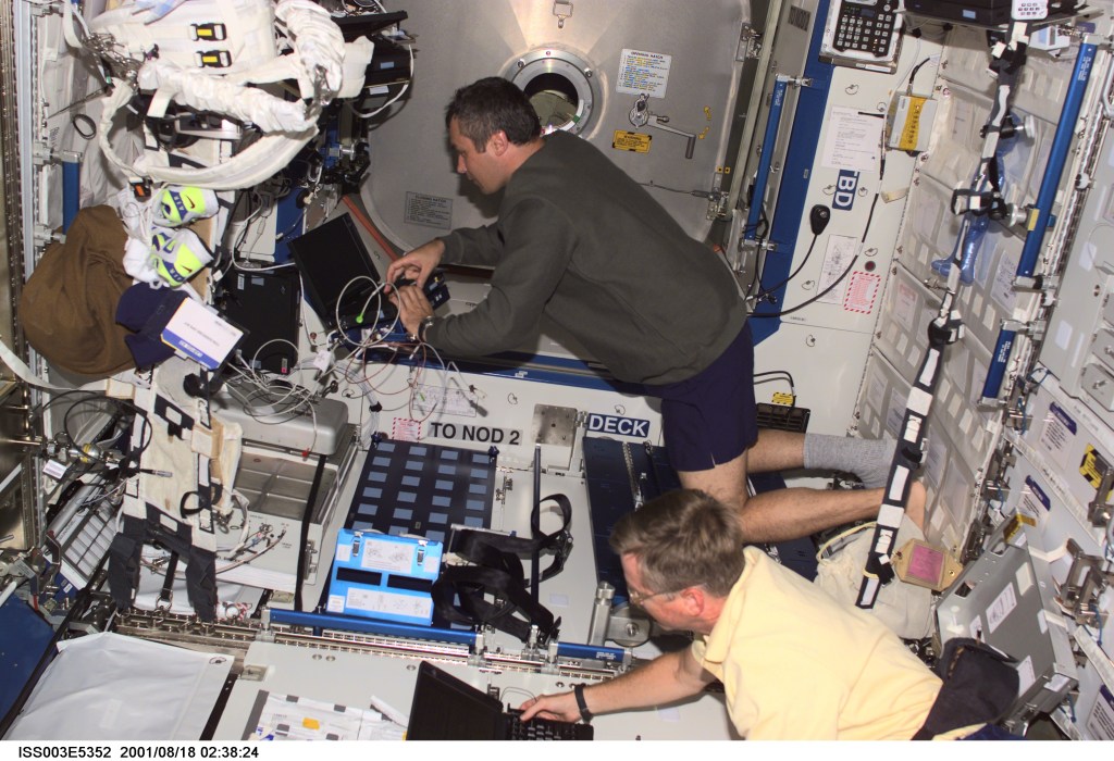 Astronaut Frank L. Culbertson, Jr. (bottom), Expedition Three commander, and cosmonaut Vladimir N. Dezhurov, flight engineer representing Rosaviakosmos, perform routine tasks in the Destiny laboratory on the International Space Station (ISS). This image was taken with a digital still camera.