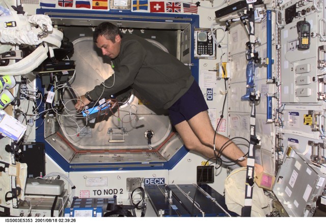 Cosmonaut Vladimir N. Dezhurov, flight engineer representing Rosaviakosmos, performs routine tasks in the Destiny laboratory on the International Space Station (ISS). This image was taken with a digital still camera.