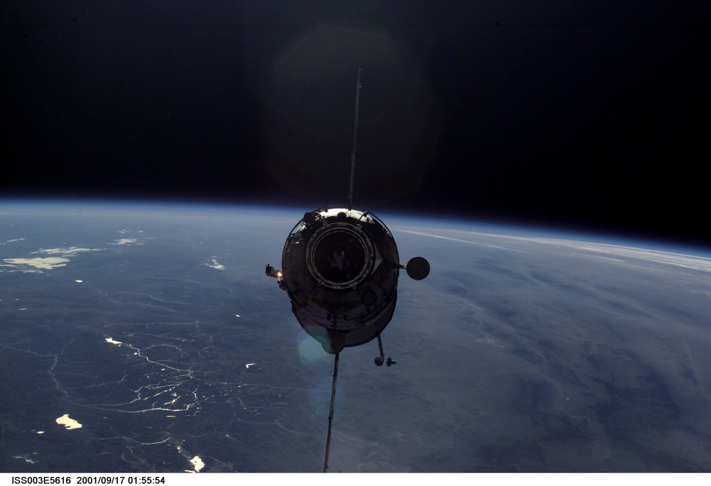 The Russian docking compartment Pirs approaches the International Space Station (ISS). The Pirs will provide a docking port for future Russian spacecraft as well as an airlock for extravehicular activities (EVA).