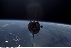 The Russian docking compartment Pirs approaches the International Space Station (ISS). The Pirs will provide a docking port for future Russian spacecraft as well as an airlock for extravehicular activities (EVA).