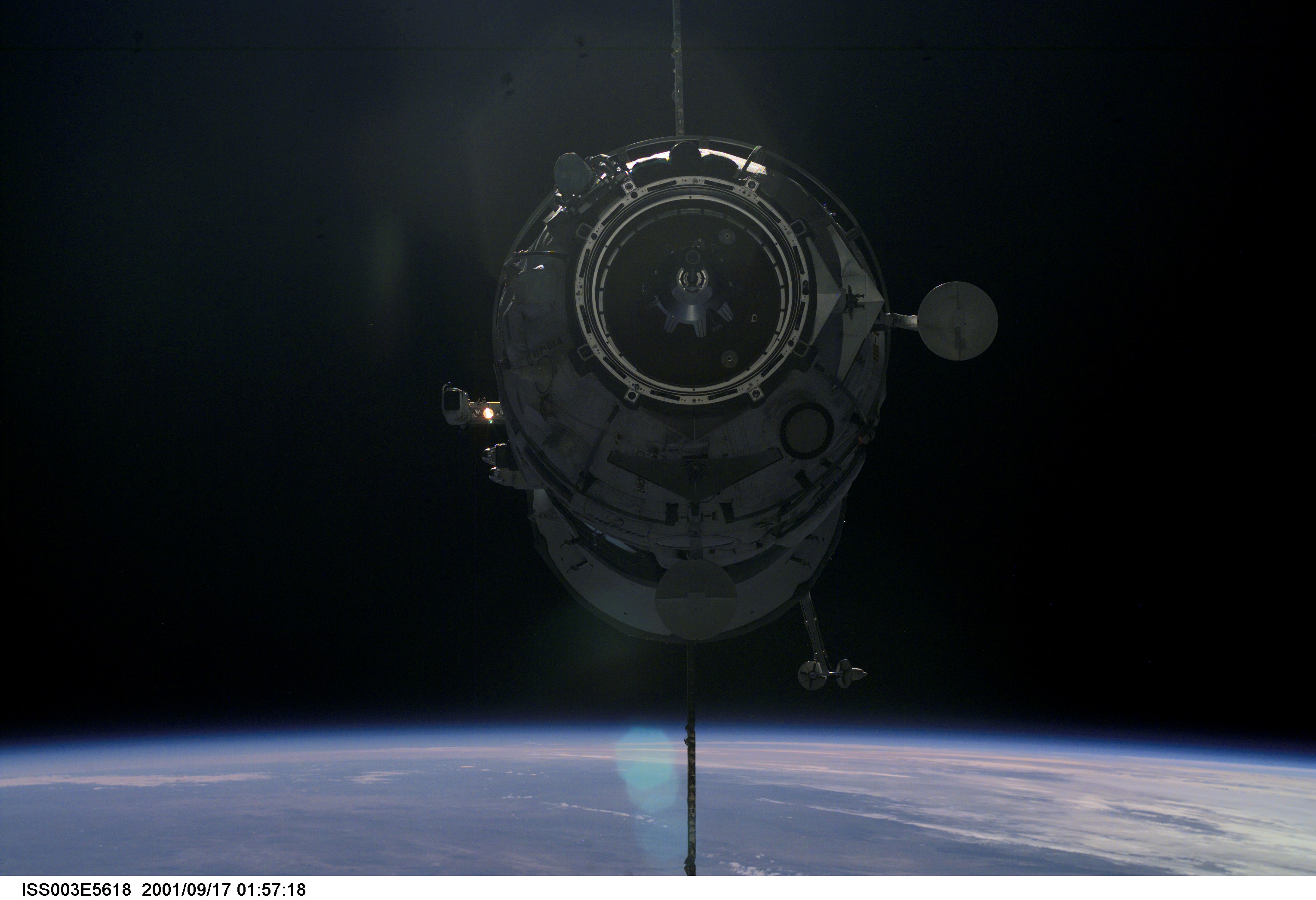 The Russian docking compartment Pirs approaches the International Space Station (ISS). The Pirs will provide a docking port for future Russian spacecraft as well as an airlock for extravehicular activities (EVA).