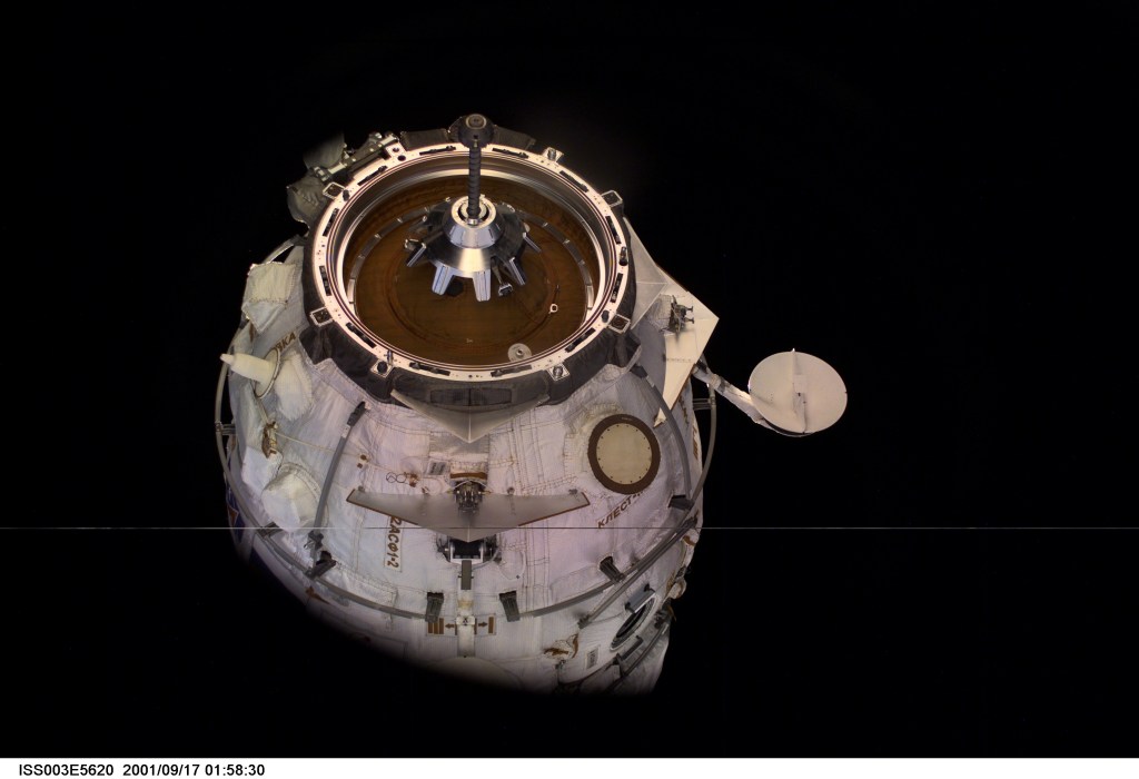 The Russian Docking Compartment, named Pirs (the Russian word for pier), is only seconds away from docking with the International Space Station (ISS). One of the Expedition Three crew members, using a digital still camera with a 35mm lens, recorded the image from onboard the orbital outpost. The vehicle was launched on September 14, 2001 and docking occurred on September 16.