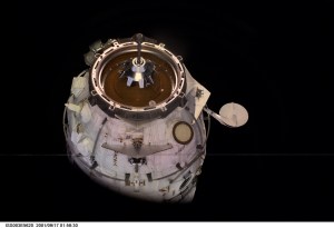 The Russian Docking Compartment, named Pirs (the Russian word for pier), is only seconds away from docking with the International Space Station (ISS). One of the Expedition Three crew members, using a digital still camera with a 35mm lens, recorded the image from onboard the orbital outpost. The vehicle was launched on September 14, 2001 and docking occurred on September 16.