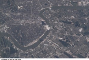One of the Expedition Three crew members aboard the International Space Station (ISS) used a 400mm lens (with an extender to achieve an 800mm effect) to record this digital still camera's nadir view of Greater New Orleans. The French Quarter and the Superdome are left and just above the center point in the frame.