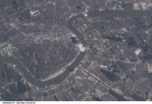 One of the Expedition Three crew members aboard the International Space Station (ISS) used a 400mm lens (with an extender to achieve an 800mm effect) to record this digital still camera's nadir view of Greater New Orleans. The French Quarter and the Superdome are left and just above the center point in the frame.