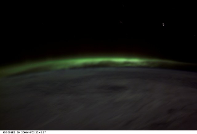 One of the Expedition Three crew members captured this image of the Aurora Australis (southern lights) from the International Space Station (ISS). This picture was taken with a digital still camera.