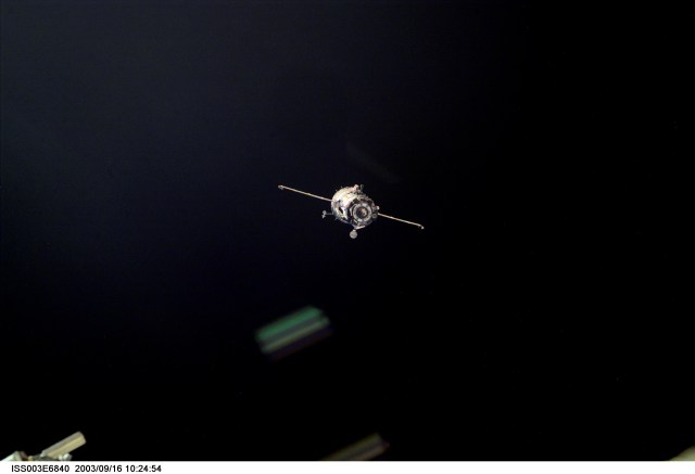 A Soyuz spacecraft approaches the International Space Station (ISS) carrying the Soyuz taxi crew, Commander Victor Afanasyev, Flight Engineer Konstantin Kozeev and French Flight Engineer Claudie Haignere for an eight-day stay on the station. Afanasyev and Kozeev represent Rosaviakosmos, and Haignere represents ESA, carrying out a flight program for CNES, the French Space Agency, under a commercial contract with the Russian Aviation and Space Agency. This image was taken with a digital still camera.