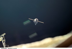 A Soyuz spacecraft approaches the International Space Station (ISS) carrying the Soyuz taxi crew, Commander Victor Afanasyev, Flight Engineer Konstantin Kozeev and French Flight Engineer Claudie Haignere for an eight-day stay on the station. Afanasyev and Kozeev represent Rosaviakosmos, and Haignere represents ESA, carrying out a flight program for CNES, the French Space Agency, under a commercial contract with the Russian Aviation and Space Agency. This image was taken with a digital still camera.