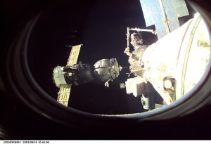 A Soyuz spacecraft approaches the International Space Station (ISS) carrying the Soyuz taxi crew, Commander Victor Afanasyev, Flight Engineer Konstantin Kozeev and French Flight Engineer Claudie Haignere for an eight-day stay on the station. Afanasyev and Kozeev represent Rosaviakosmos, and Haignere represents ESA, carrying out a flight program for CNES, the French Space Agency, under a commercial contract with the Russian Aviation and Space Agency. This image was taken with a digital still camera.