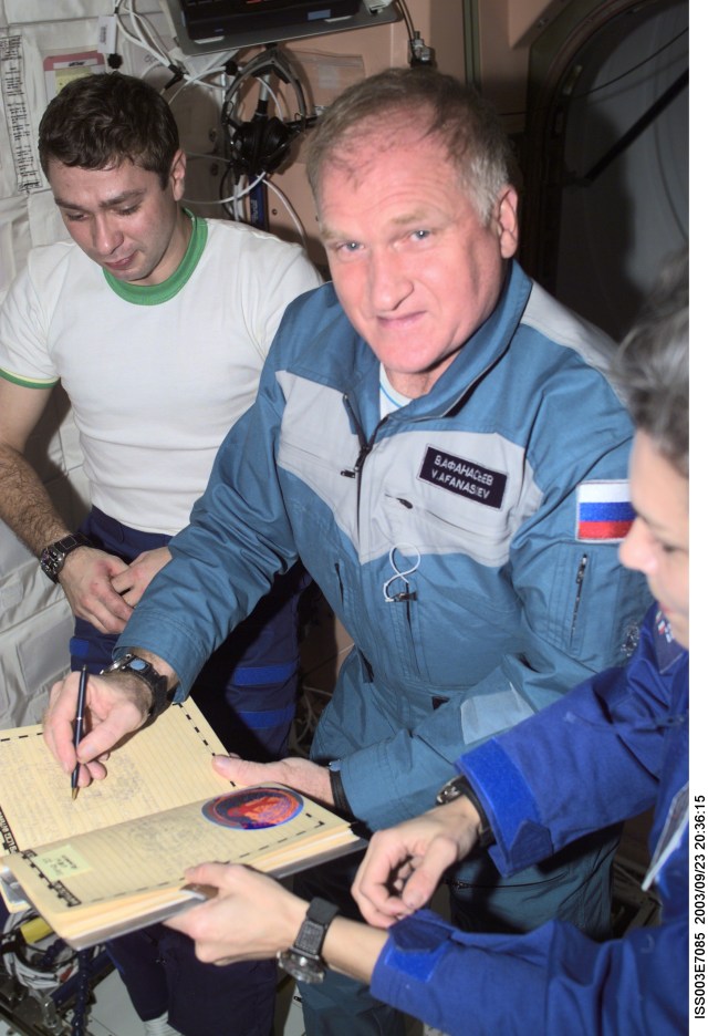 The Soyuz Taxi crewmembers, Flight Engineer Konstantin Kozeev (left), Commander Victor Afanasyev and French Flight Engineer Claudie Haignere add their names to the list of the International Space Station (ISS) visitors in the ship’s log in the Unity node. Afanasyev and Kozeev represent Rosaviakosmos, and Haignere represents ESA, carrying out a flight program for CNES, the French Space Agency, under a commercial contract with the Russian Aviation and Space Agency. This image was taken with a digital still camera.