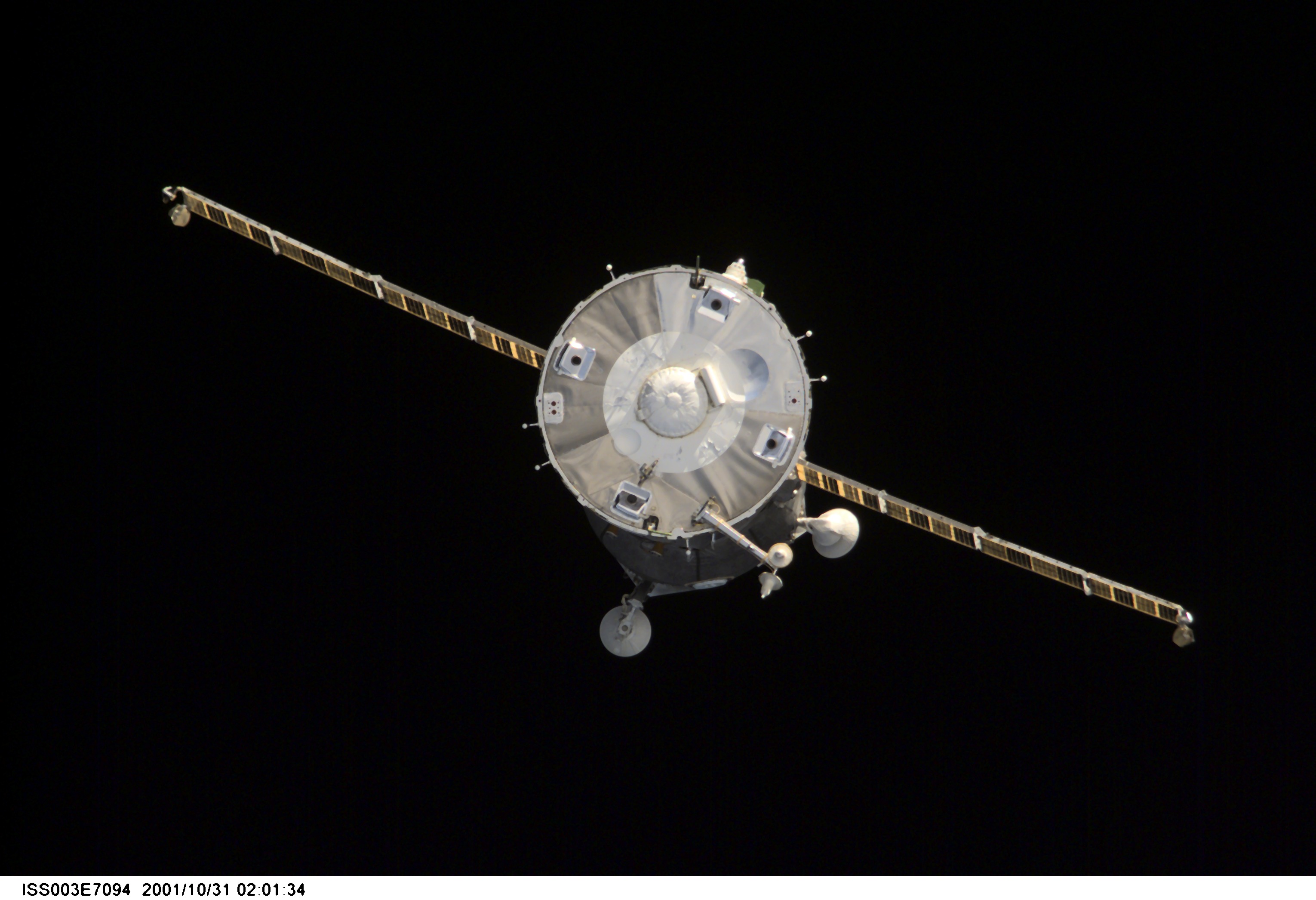 A Soyuz spacecraft departs from the International Space Station (ISS) carrying the Soyuz taxi crew, Commander Victor Afanasyev, Flight Engineer Konstantin Kozeev and French Flight Engineer Claudie Haignere, ending their eight-day stay on the station. Afanasyev and Kozeev represent Rosaviakosmos, and Haignere represents ESA, carrying out a flight program for CNES, the French Space Agency, under a commercial contract with the Russian Aviation and Space Agency. This image was taken with a digital still camera.