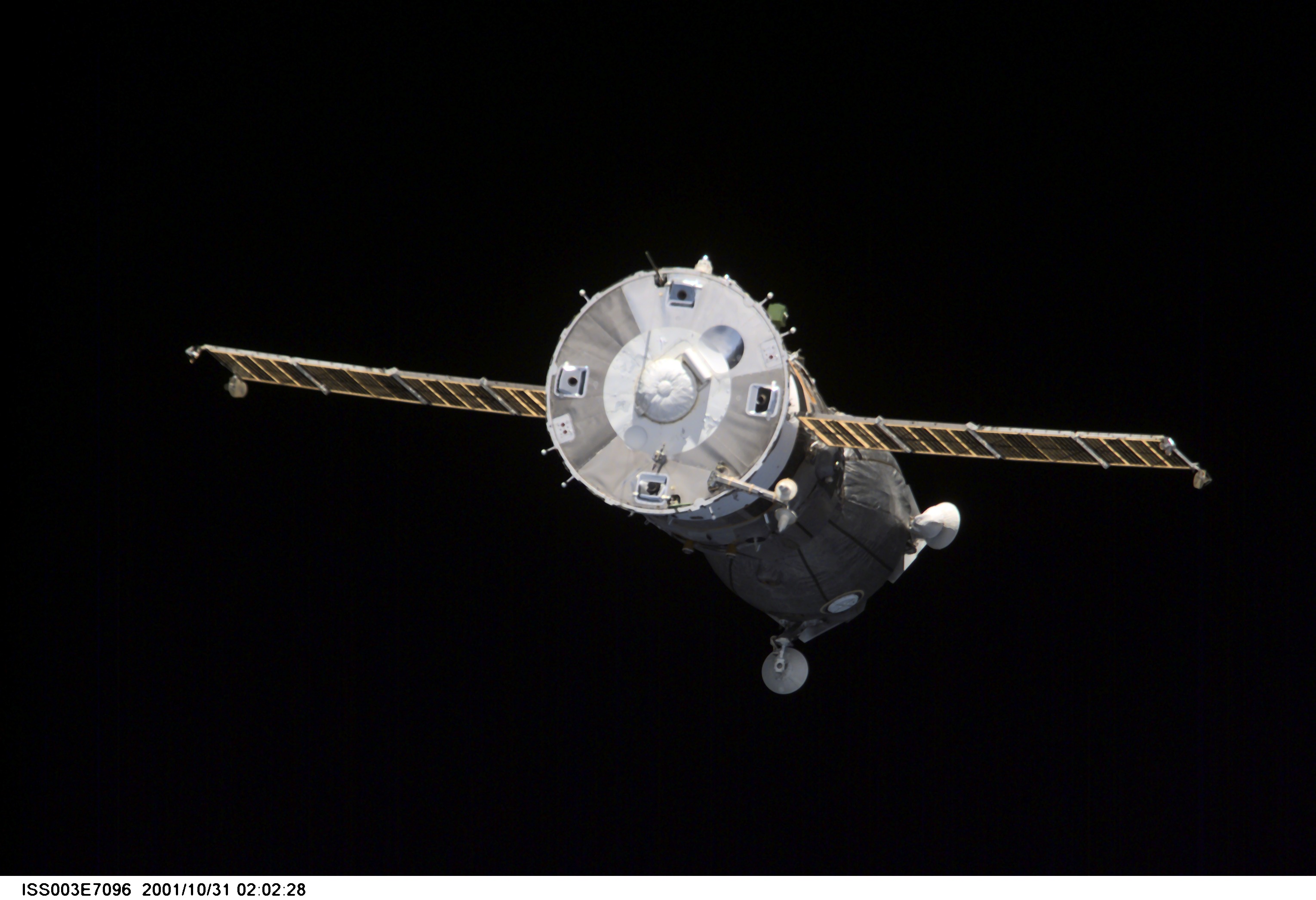 A Soyuz spacecraft departs from the International Space Station (ISS) carrying the Soyuz taxi crew, Commander Victor Afanasyev, Flight Engineer Konstantin Kozeev and French Flight Engineer Claudie Haignere, ending their eight-day stay on the station. Afanasyev and Kozeev represent Rosaviakosmos, and Haignere represents ESA, carrying out a flight program for CNES, the French Space Agency, under a commercial contract with the Russian Aviation and Space Agency. This image was taken with a digital still camera.