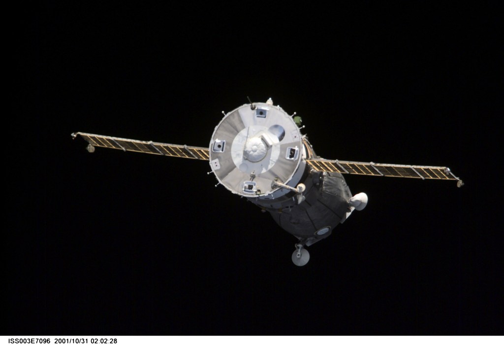 A Soyuz spacecraft departs from the International Space Station (ISS) carrying the Soyuz taxi crew, Commander Victor Afanasyev, Flight Engineer Konstantin Kozeev and French Flight Engineer Claudie Haignere, ending their eight-day stay on the station. Afanasyev and Kozeev represent Rosaviakosmos, and Haignere represents ESA, carrying out a flight program for CNES, the French Space Agency, under a commercial contract with the Russian Aviation and Space Agency. This image was taken with a digital still camera.