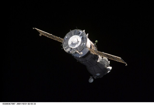 A Soyuz spacecraft departs from the International Space Station (ISS) carrying the Soyuz taxi crew, Commander Victor Afanasyev, Flight Engineer Konstantin Kozeev and French Flight Engineer Claudie Haignere, ending their eight-day stay on the station. Afanasyev and Kozeev represent Rosaviakosmos, and Haignere represents ESA, carrying out a flight program for CNES, the French Space Agency, under a commercial contract with the Russian Aviation and Space Agency. This image was taken with a digital still camera.